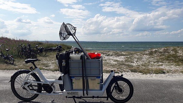 Ein E-Lastenrad, voll beladen steht am Strand.