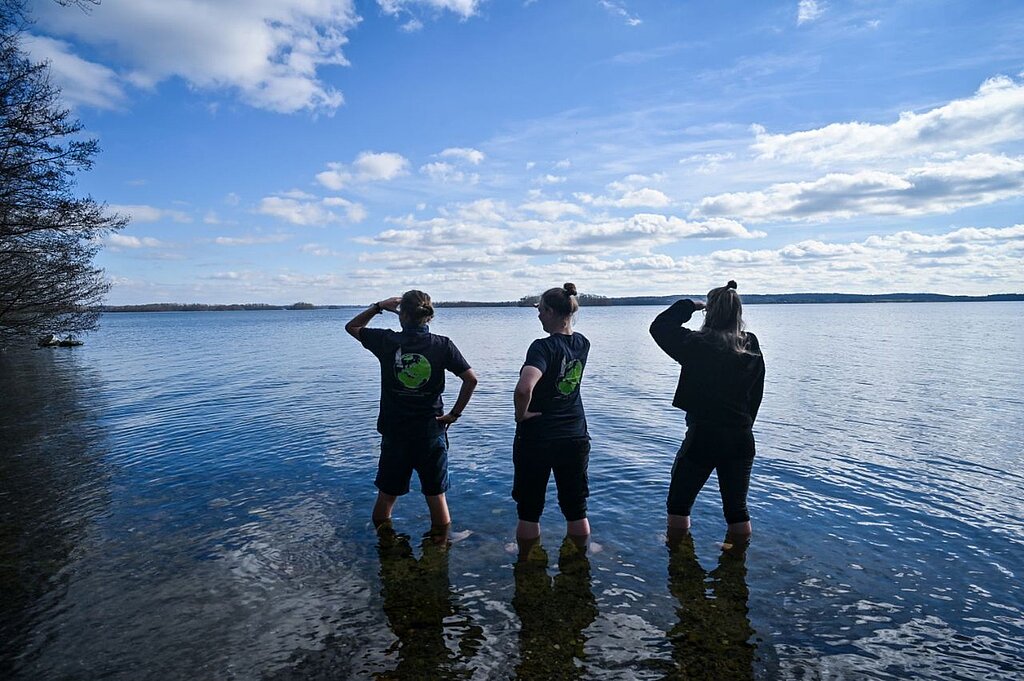 Drei Menschen stehen knietief im Wasser und schauen in die Weite. Auf ihren T-Shirts ist das KlimaSail-Logo.