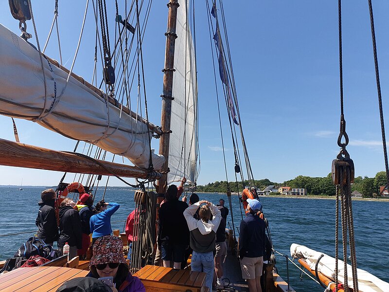 Es ist eine Gruppe von jungen Menschen auf einem Segelschiff von schräg hinten zu sehen. Blauer Himmel und Sonnenschein.